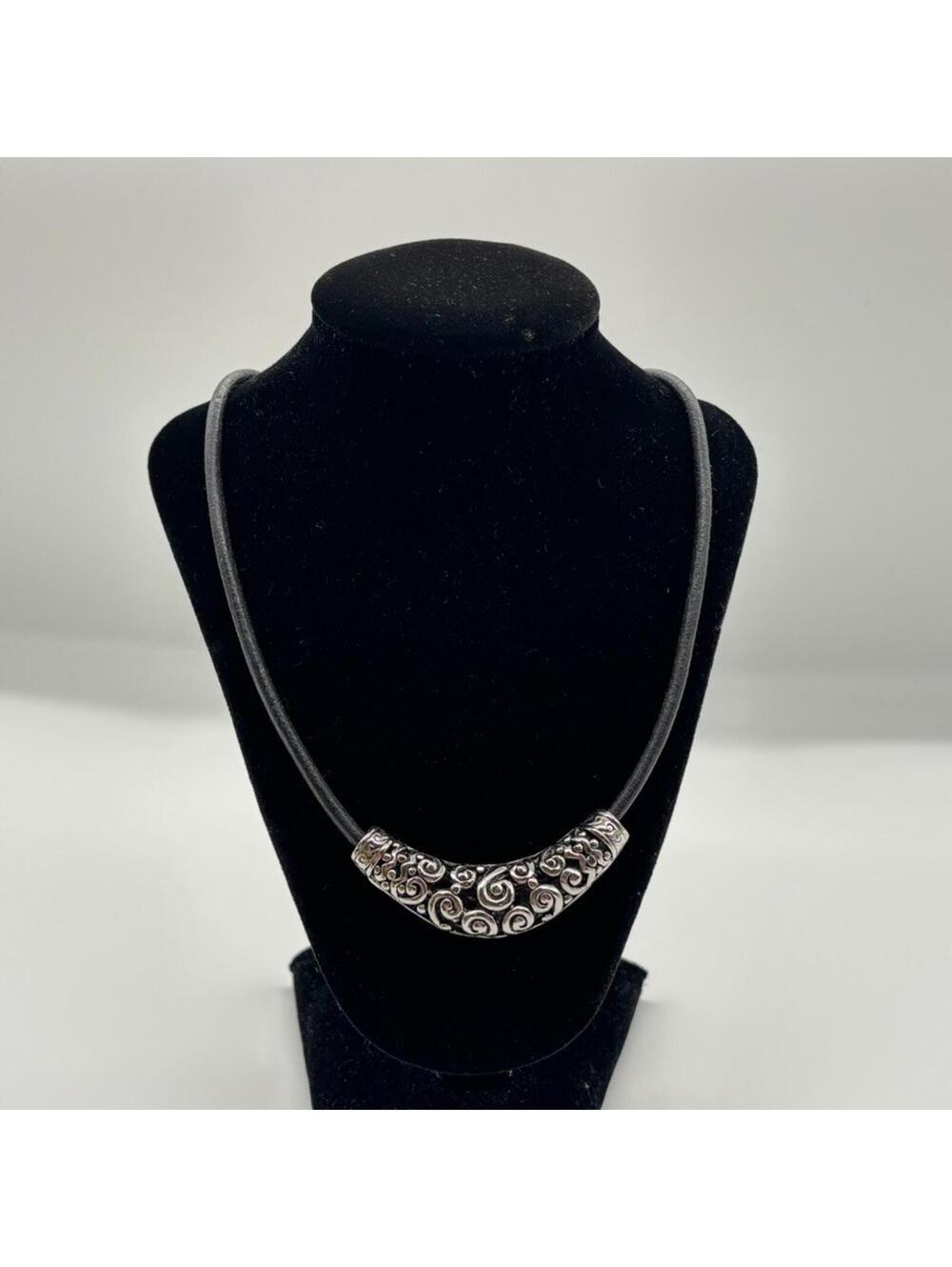 Vintage Y2K Unisex Silver Tone Scroll Neck Choker Black Rubber Cord